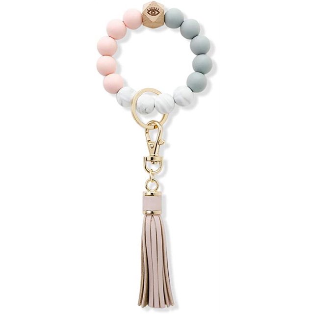 Llavero de pulsera con cuentas de silicona-pulsera de llavero de silicona-pulsera de cuentas para mujer llavero con borla de cuero Ormromra HMHZ883-2