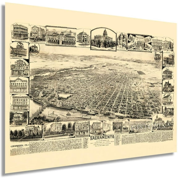 HISTORIX 1890 Sacramento California Vintage Map Poster Wall Art Print, 18 x 24 Inch