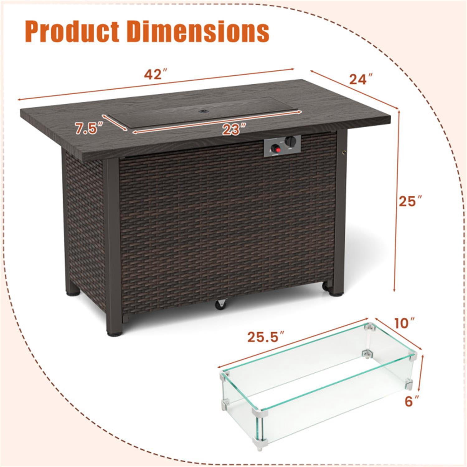 Demi Bonn 50000 BTU 2" Outdoor Ropane Gas Fire Pit Table with Wind Guard and Glass Rocks for Garden and Patio, Brown