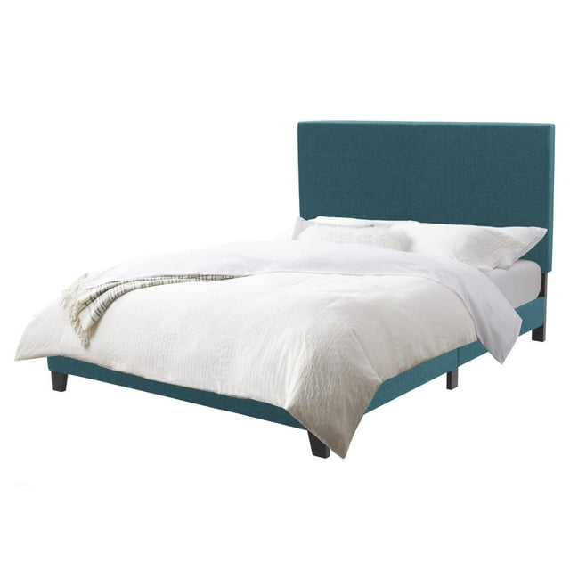 CorLiving Juniper Adult Full Size Fabric Upholstered Platform Bed with Padded Headboard and Slats, Blue