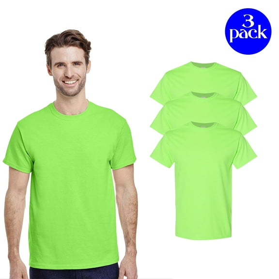 Gildan Men's Heavy Cotton Short Sleeve T-Shirt, Hi Vis Workwear Neon Green Tee, Pack of 3, S