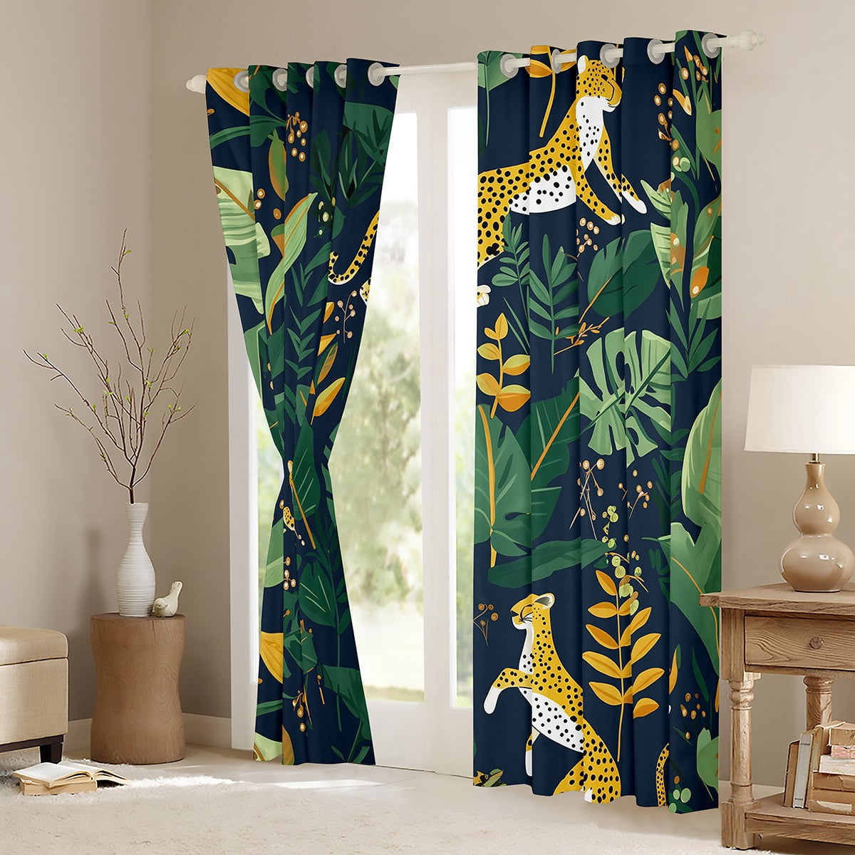 Castle Fairy Animal Cheetah Black Out Curtains,Botanical Plants Curtains Pack of 2 (42x63 Each),Woodland Wildlife Bedroom Curtains,Ultra Soft Cartoon Home Decor
