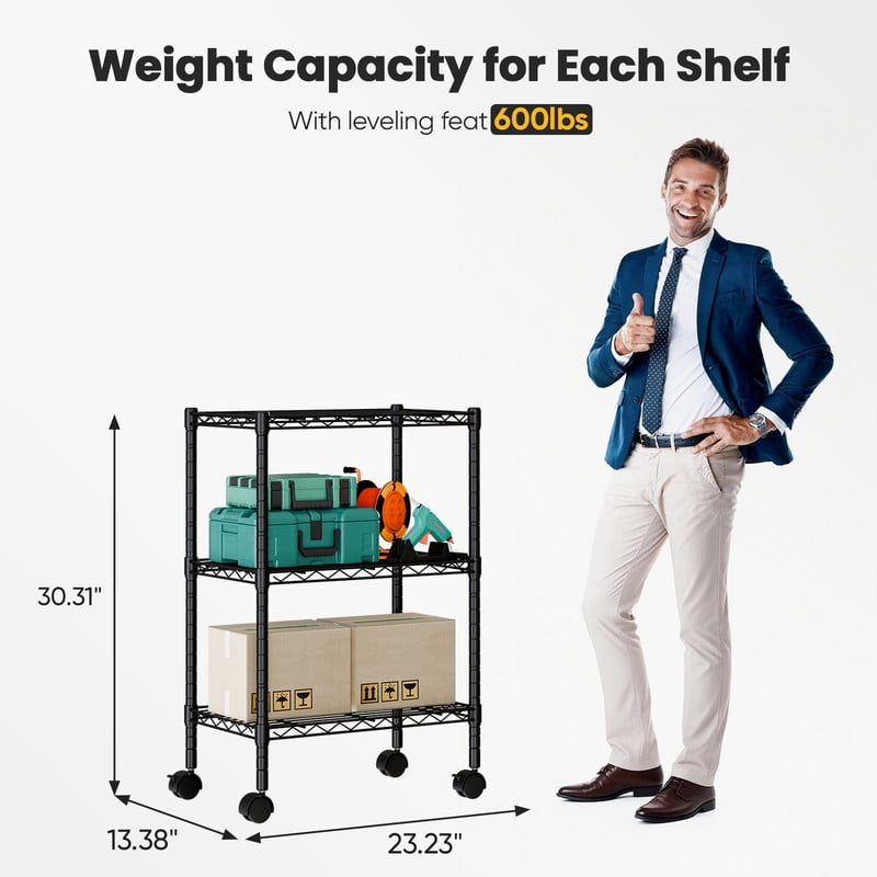 Gianna 3 Tier Heavy Duty Adjustable Wire Shelving with Wheels