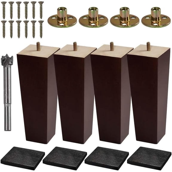 VASGOR Set of 4 Wood Furniture Legs (Drill Bit Included) - Square Sofa Legs, Couch Leg - Brown Mid-Century Modern Replacement Legs for Armchair Recliner Coffee Table Dresser (8")