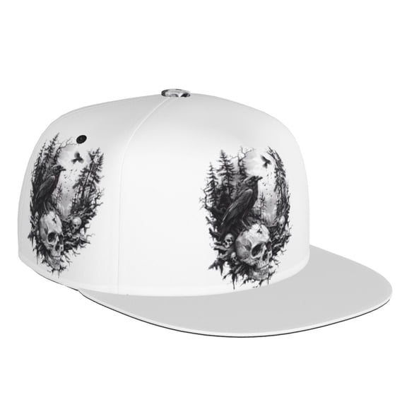 Flat Bill Trucker Hats for Women Men - Raven Skulls Forest Adjustable Flat Baseball Cap Snapback Hats Dad Hats for Men