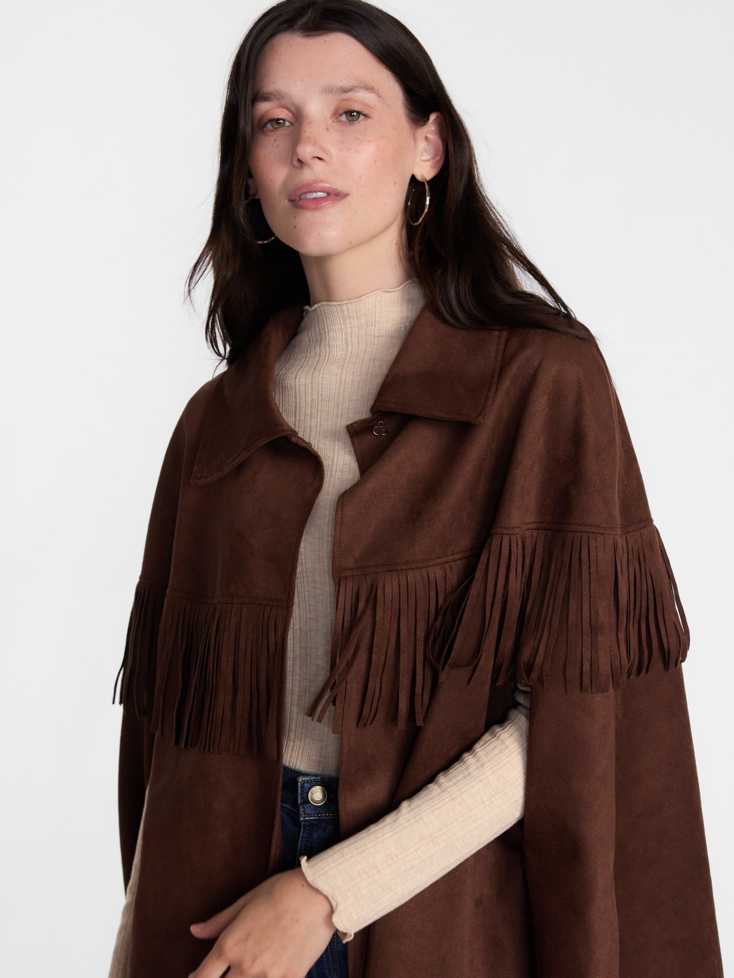 Scenario Women's Faux Suede Fringe Cape, Midweight, Sizes S-3XL