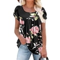 thumbnail image 2 of WREESH Casual Summer Tunic Tops Women's Pleated Floral Print Square Neck Short Sleeve Blouses Black, 2 of 5