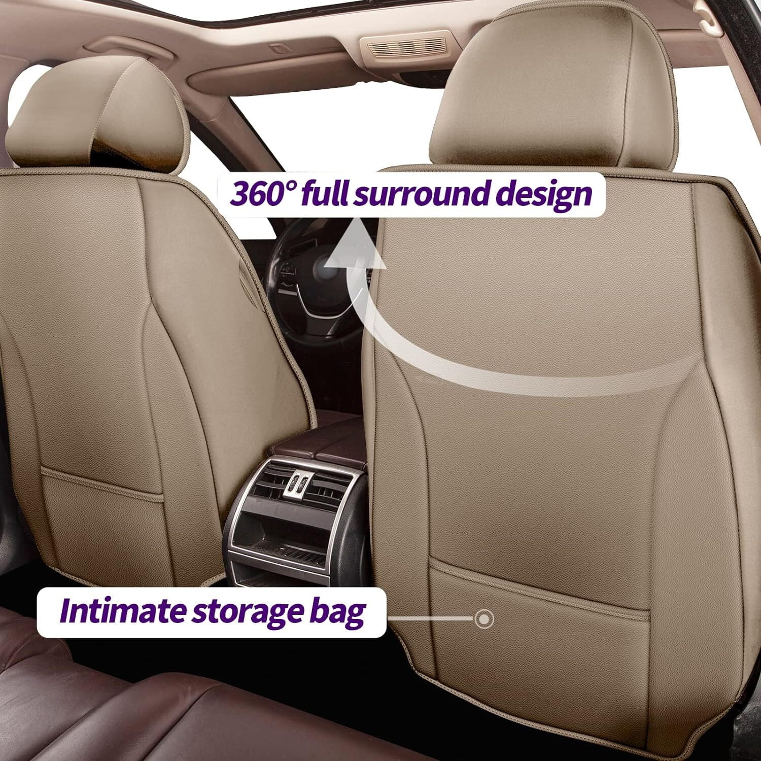 AOMSAZTO Fit for Ford C-Max Hybrid 2013-2018 Beige Car Seat Cover 5-seat Faux Leather Full Set Compatible Airbag