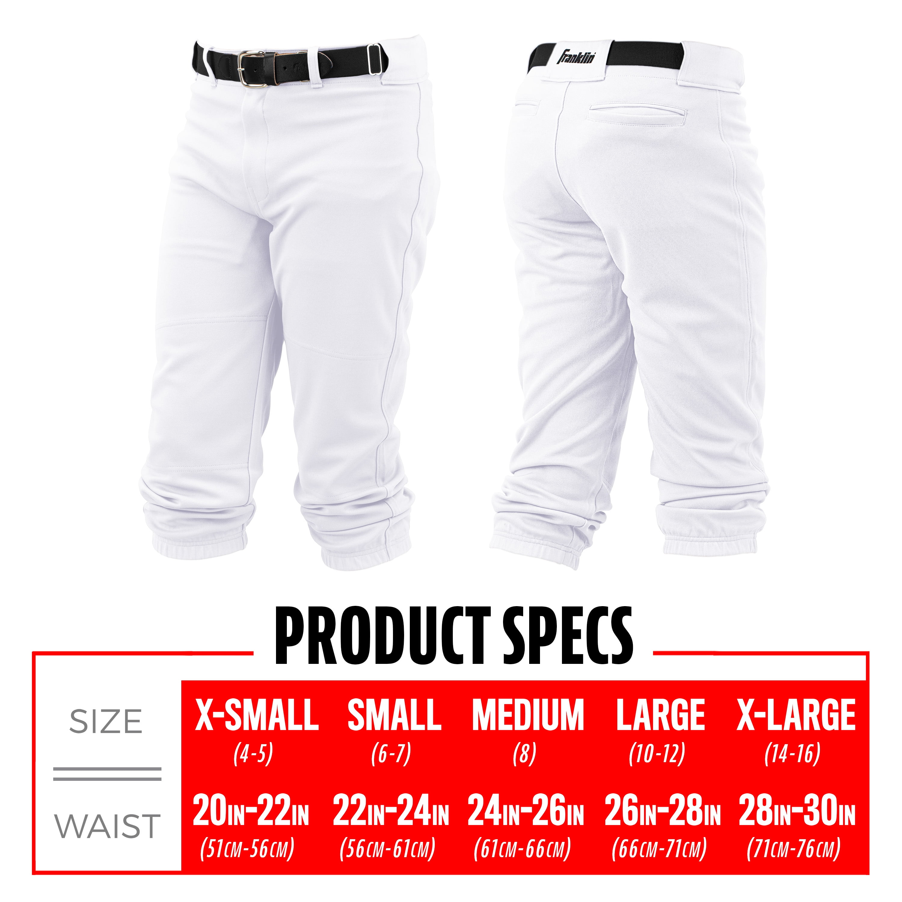 Franklin Sports Youth Classic Fit Baseball + Softball Pants, White, Youth Large