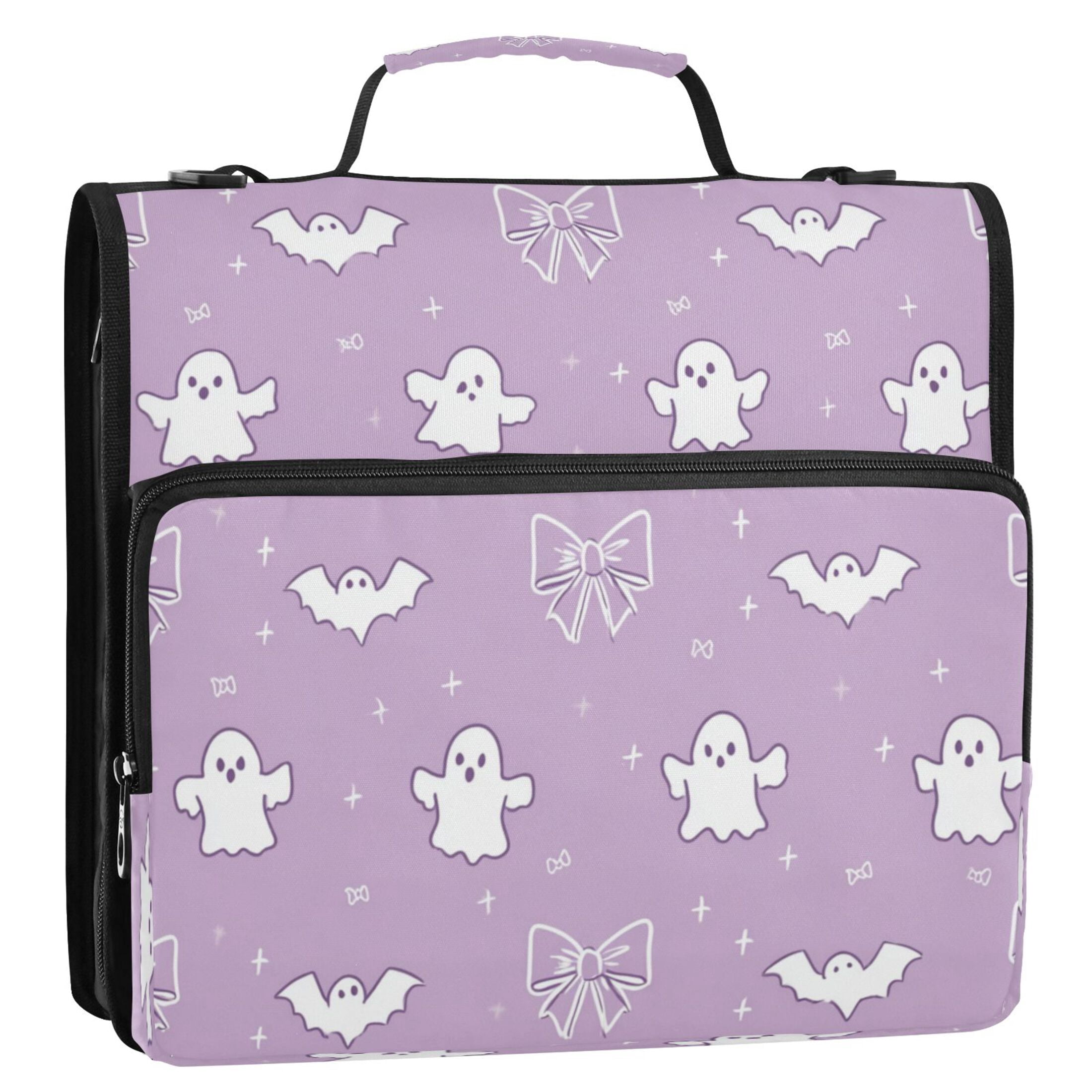 Water-Resistant 3-Ring Binder Organizer with Multiple Pockets Zipper Binder Bag for Office Purple Bows and Bats