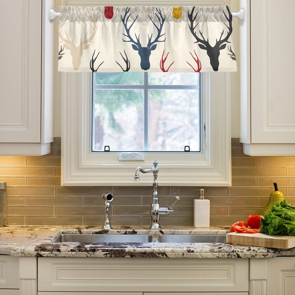 Print Antlers Deer Head Curtain Valances Farmhouse Design Window Treatment Decor Blackout Rod Pocket for Windows Living Room Kitchen 54" x 18"