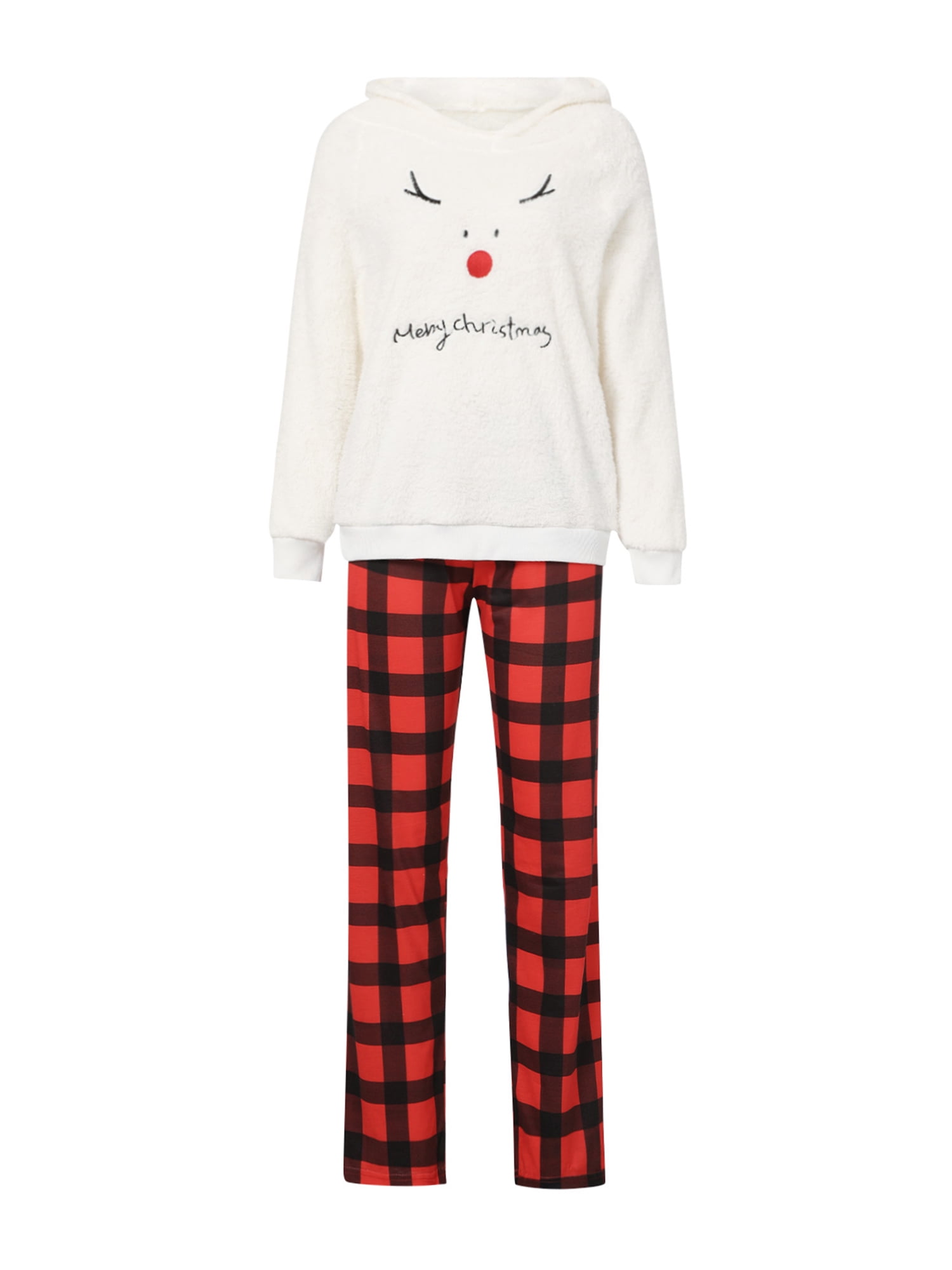 Biekopu Christmas Pyjamas Family Winter Hoodie Pyjamas Set Plush Warm Jumper with Deer Print Checked Trousers Pyjamas Leisure Suit for Women Men