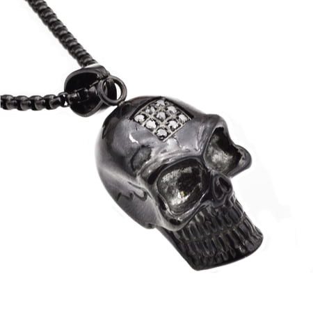 Arista Men's Skull Pendant Necklace with Black Cubic Zirconia in Black Plated Stainless Steel, 24"