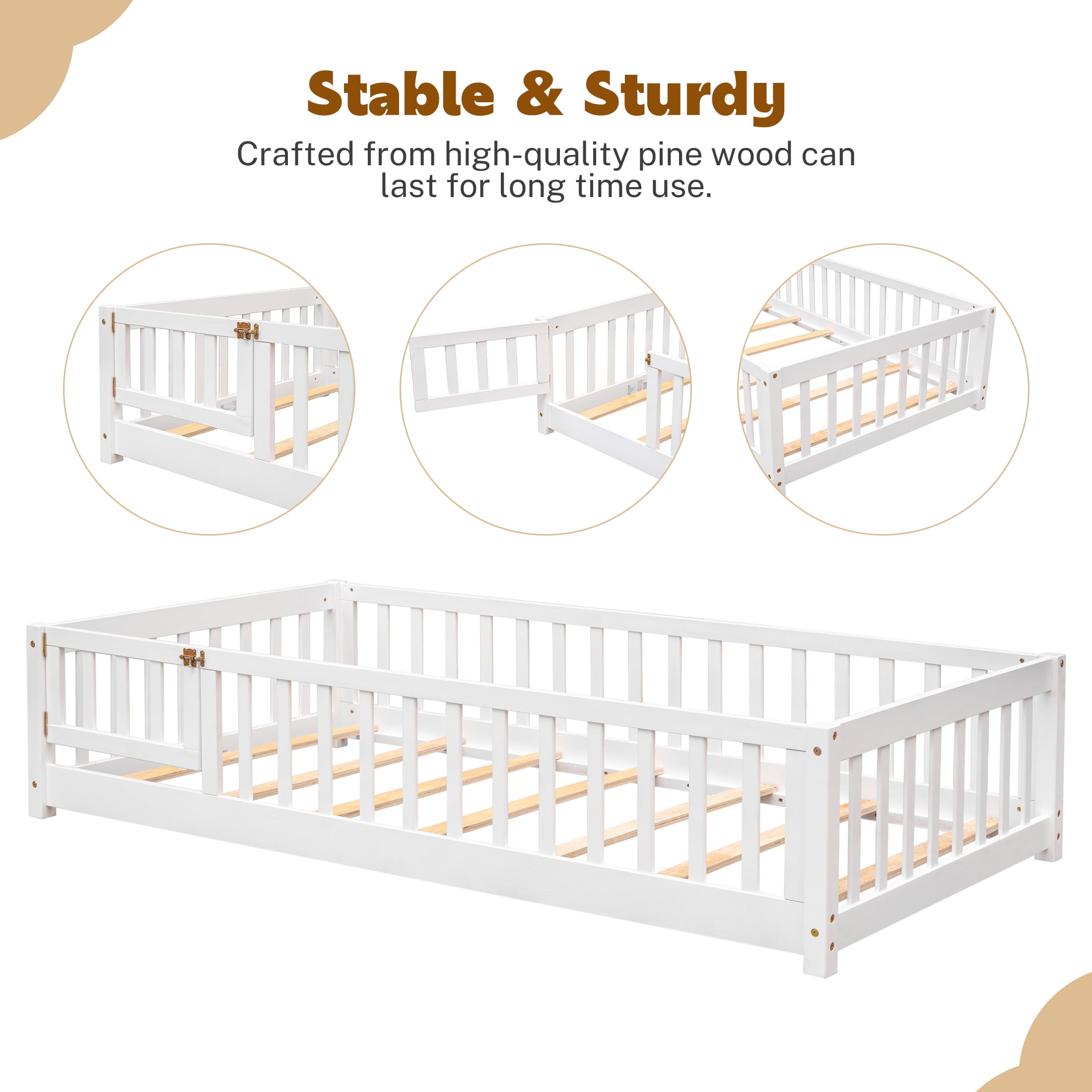 PAPROOS Twin Size Floor Bed, Solid Wood Toddler Bed with Slat, Fence Guardrail and Door, No Box Spri(图3)