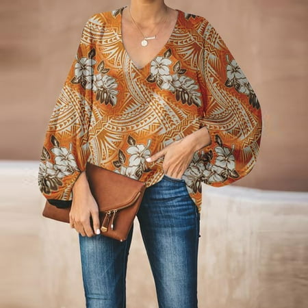 

WOXINDA Floral Print For Women V Neck Tops Casual Blouse Print Loose Top Balloon Sleeves Shirt Long Sleeve Loose T Shirt Short Sleeve Scrub Jackets Short Sleeve Shirt Women