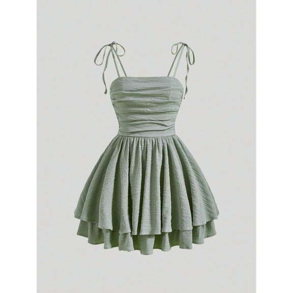 Mint Green Ruched Tie-Shoulder Pleated Mini Dress For Women