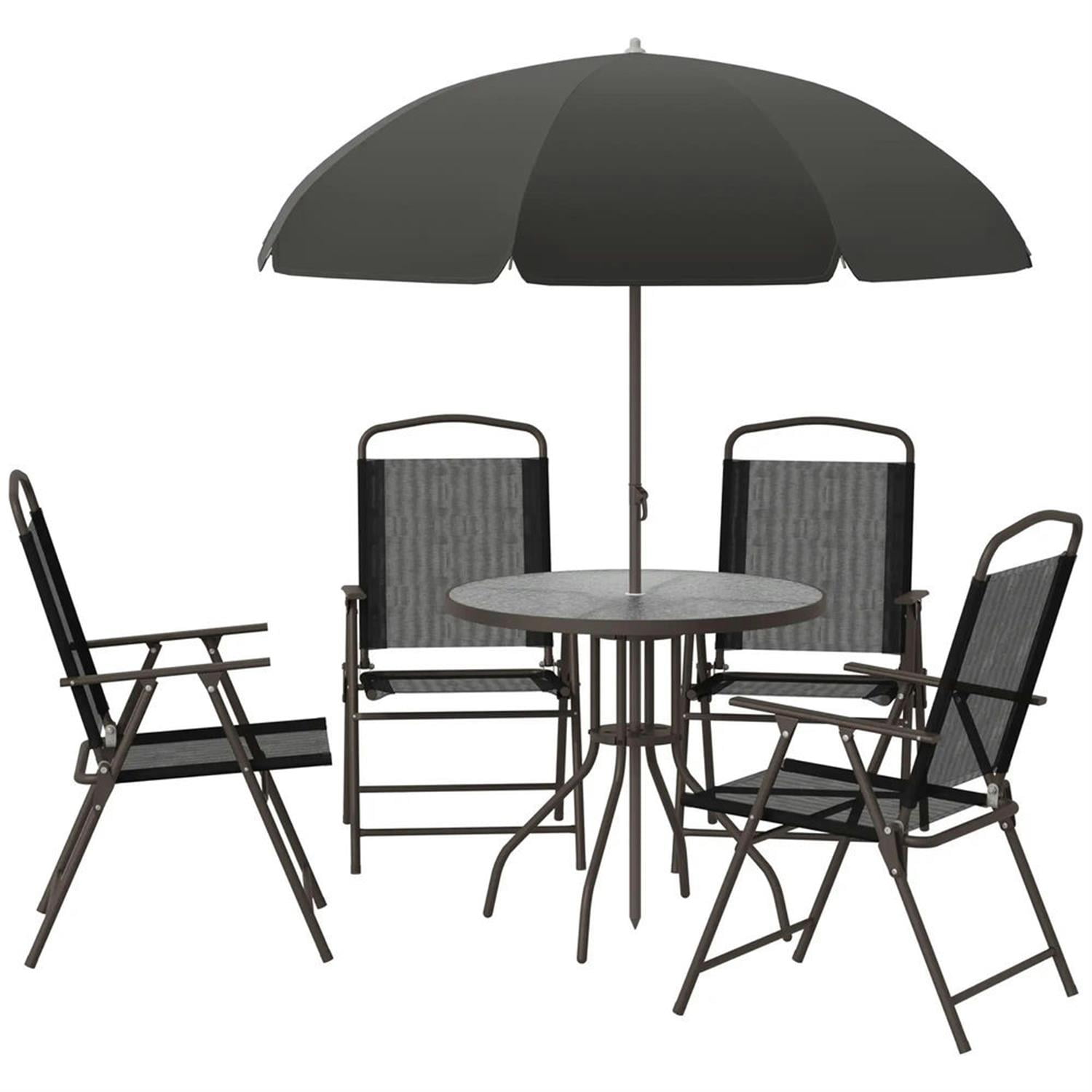 Demi Bonn 6-Piece Outdoor Dining Set with Umbrella, 4 Folding Chairs & Round Glass Table for Garden & Patio, Black