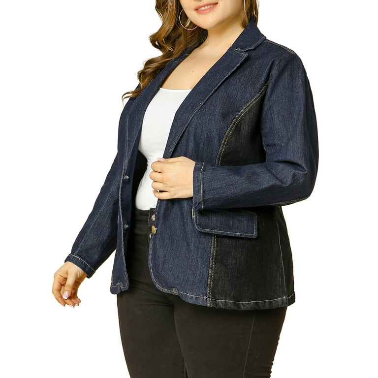 Agnes Orinda Women s Plus Size Denim Blazer Notched Lapel Button Work Jean Jackets 1X Blue Walmart