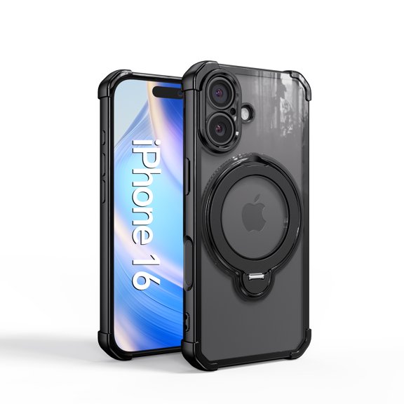 Decase for iPhone 16 Mag Safe Case,Clear Back with 360° Rotating Aluminum Kickstand,Mag Safe Compatible,Shockproof PC TPU Rugged Cover,Black