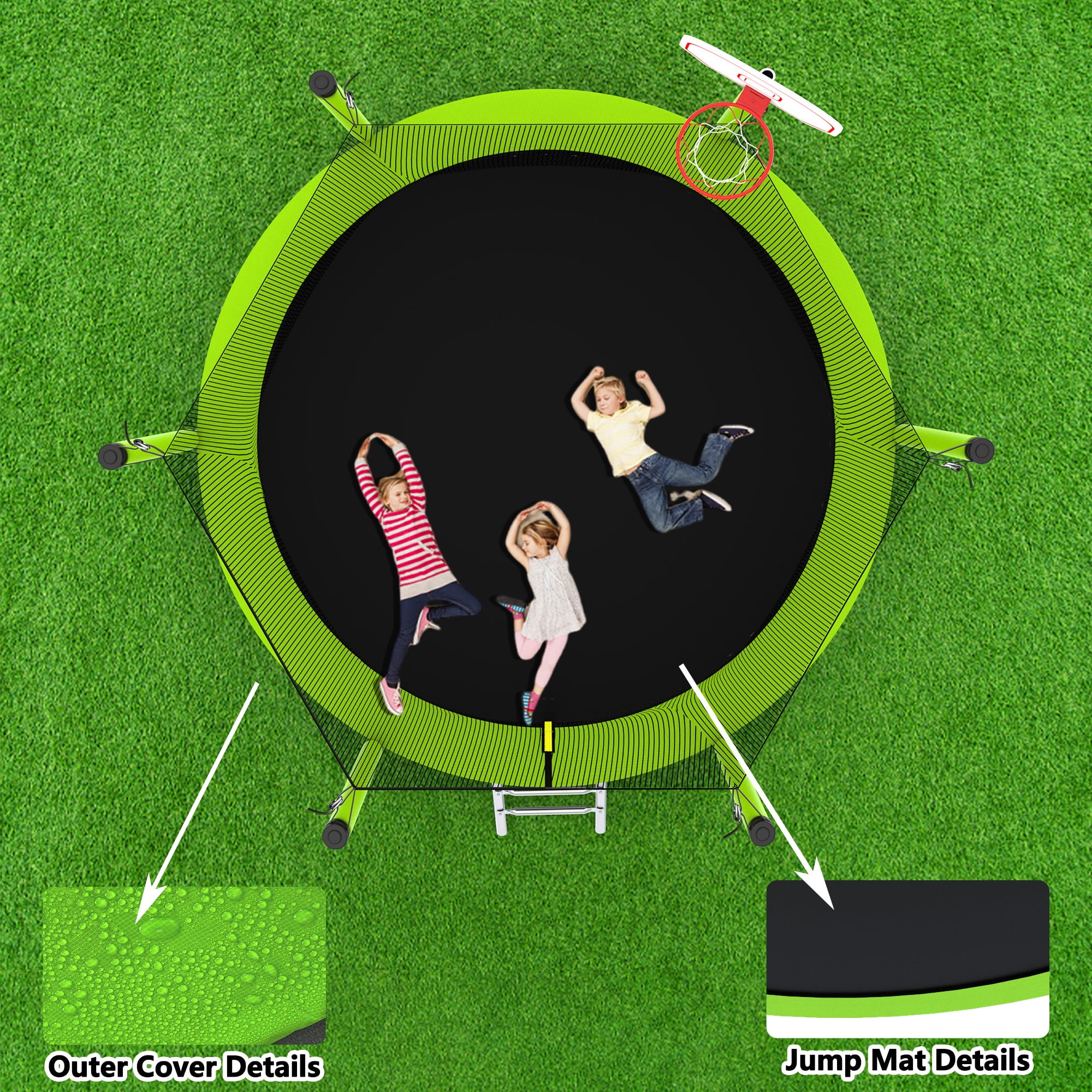 Soges 8FT Trampoline with Basketball Hoop Safety Enclosure Net for Kids, Trampoline with Jumping Mat and Spring Cover Padding, Trampoline Capacity for 2-3 Kids, Green