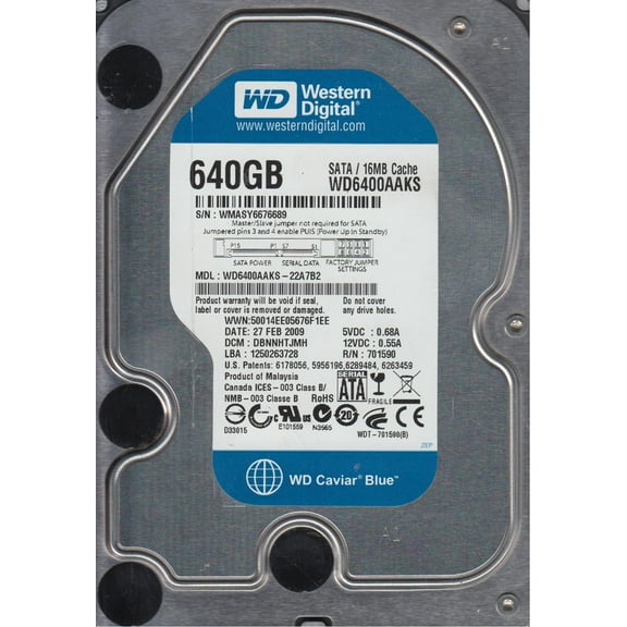 WD6400AAKS-22A7B2, DCM DBNNHTJMH, Western Digital 640GB SATA 3.5 Hard Drive