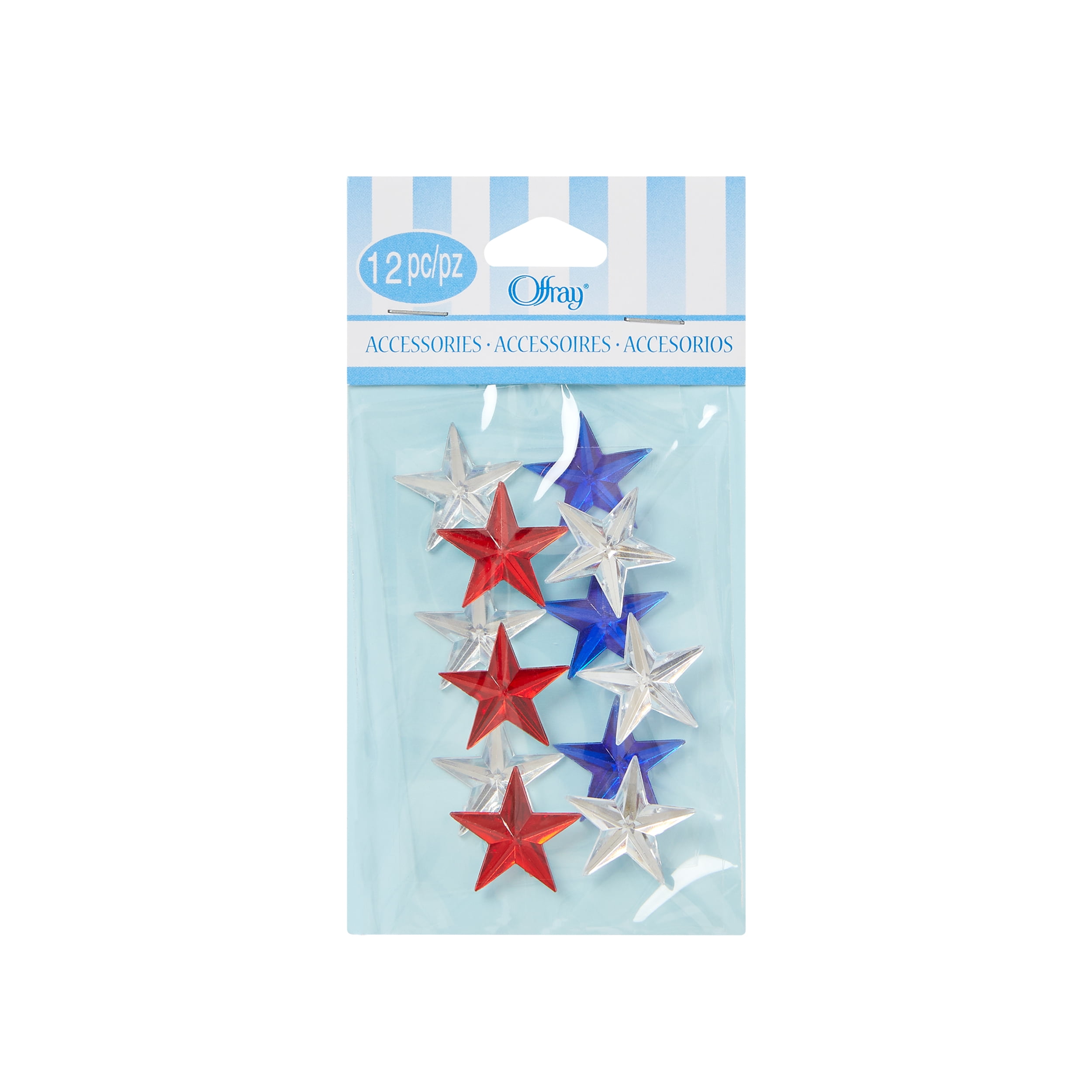 Offray Embellishment, Red, White, and Blue Adhesive Stars, Pack of 12