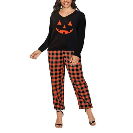 

Coutgo Women s Plus Size Autumn Long-sleeved Pajama Suit Plaid Pants
