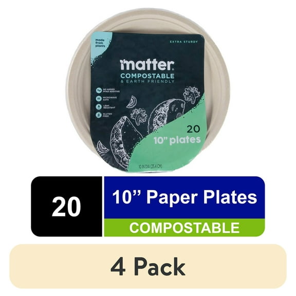 (4 pack) Matter Compostable 10" Plant-Based Fiber Disposable Dinner Plates, 20 Count