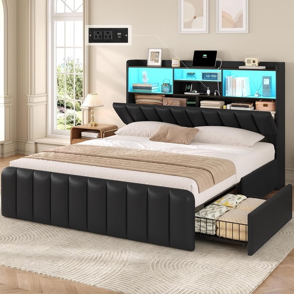 Aunfebrco Queen Size Bed with Bookcase Headboard and 4 Oversized Drawers, Upholstered Bed Frame with Storage,Queen Platform Bed Frame with LED Lights and Charging Station, Strong Metal Slats,Black