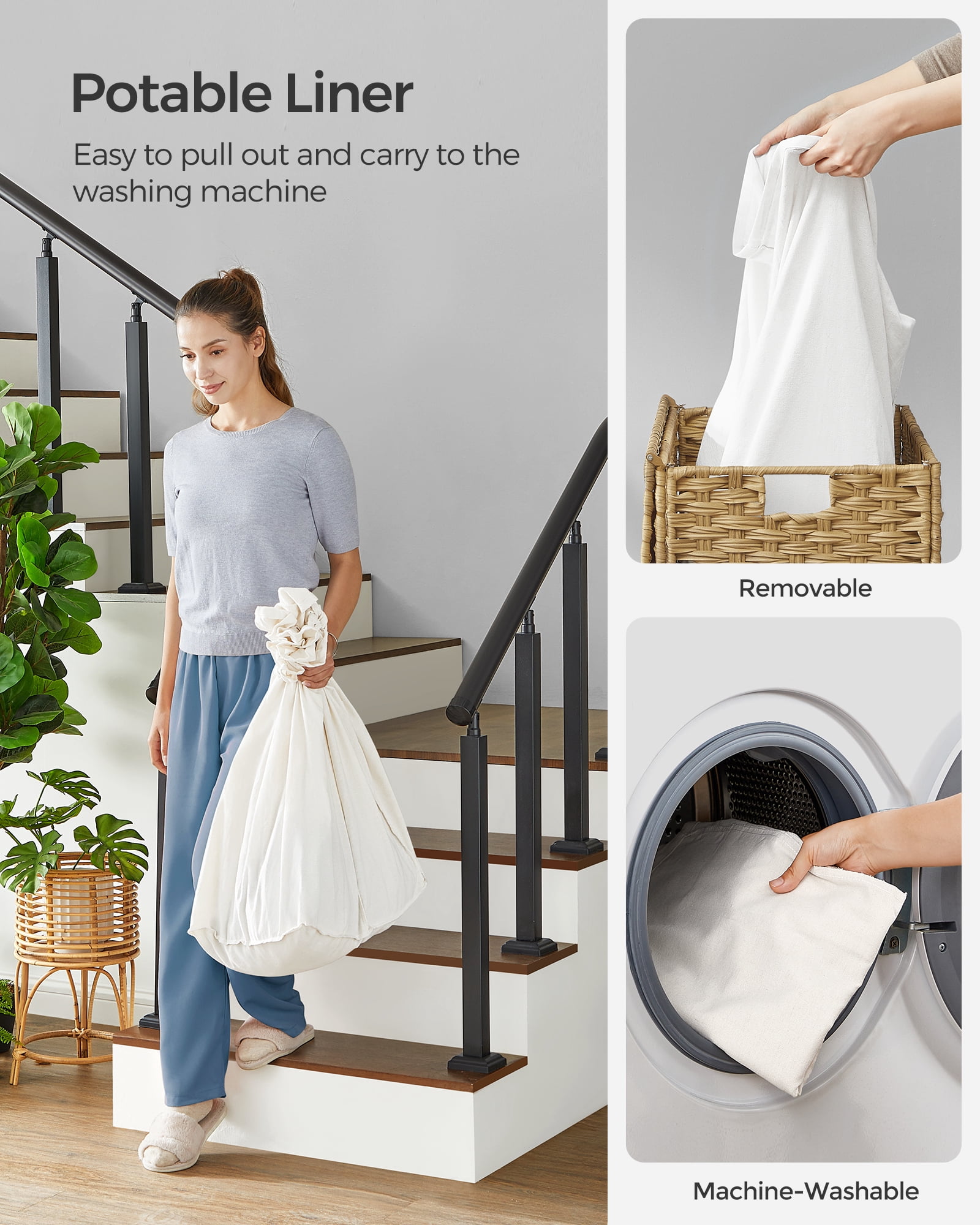 SONGMICS 160L Laundry Hamper with Lid Rolling Laundry Basket with Wheels 3-Section Synthetic Rattan Laundry Hamper Removable Liner for Bedroom Natural