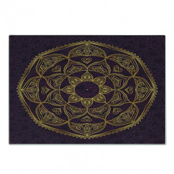 Mandala Cutting Board, Circular Mandala Design Eastern Old Fashioned Nature Inspired Traditional, Decorative Tempered Glass Cutting and Serving Board, Small Size, Purple Earth Yellow, by Ambesonne