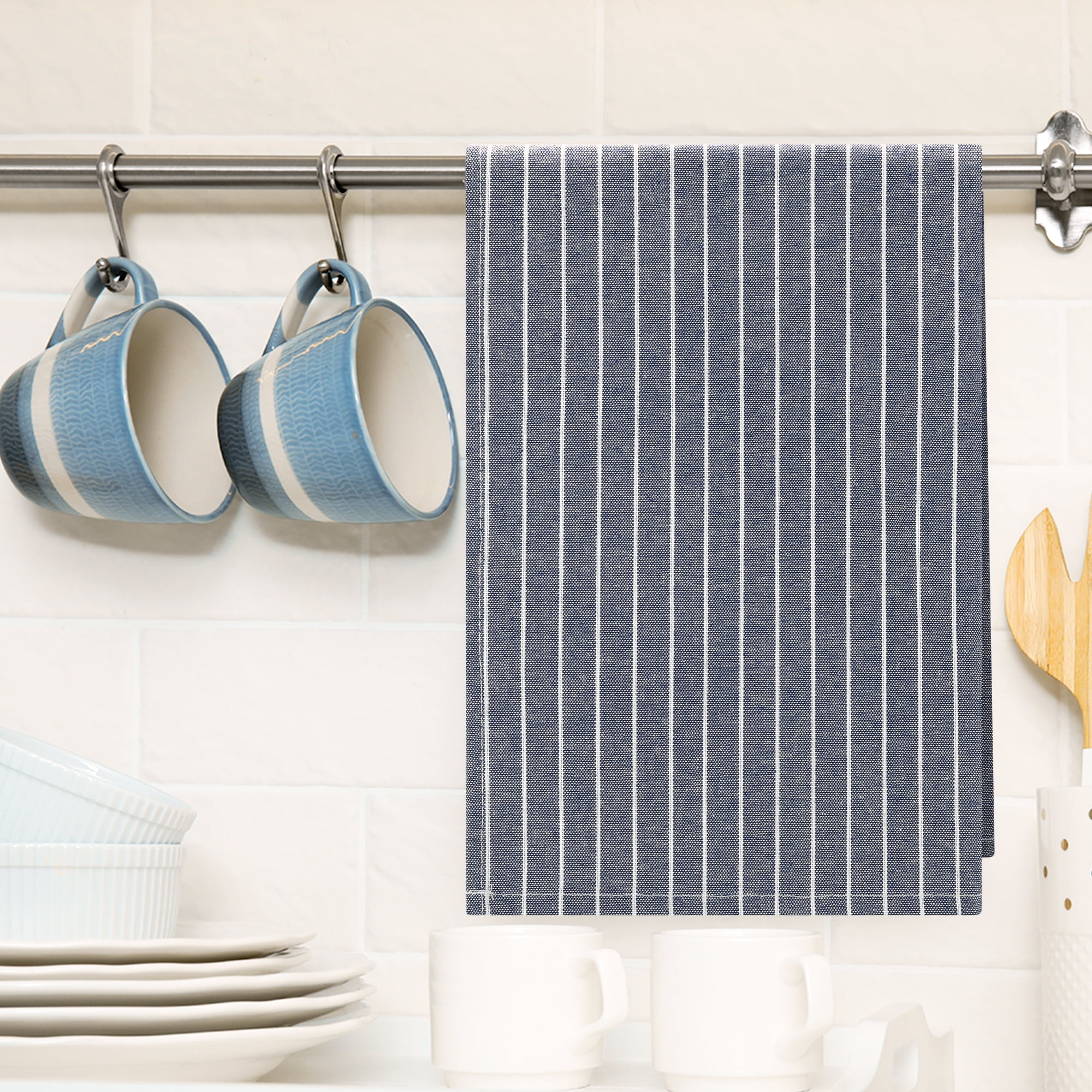 Unique Bargains Stripe Kitchen Towels Highly Absorbent Long-Lasting Hand Towels Dark Blue 2pk
