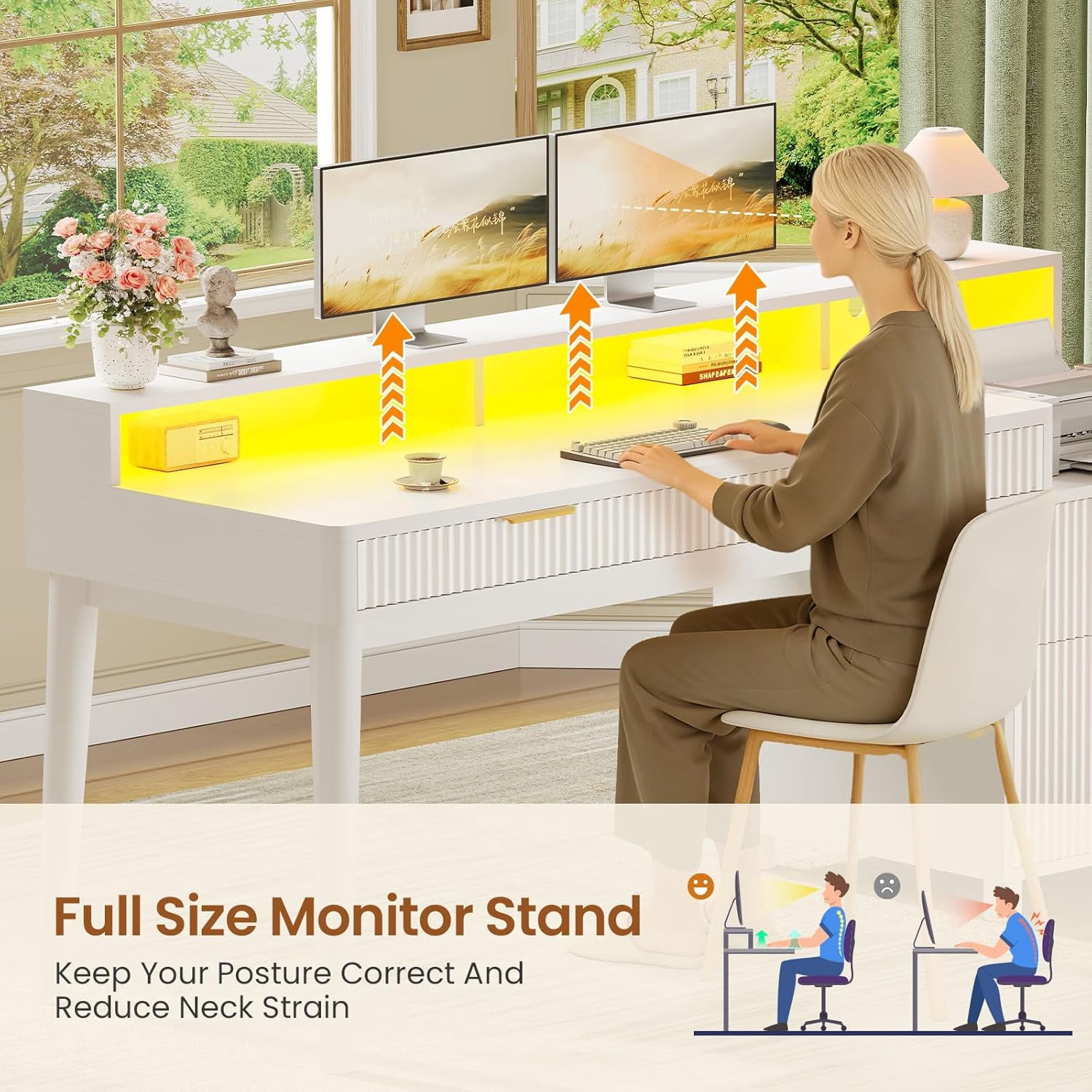 SEDETA Office Desk with 4 Storage Drawers, 59" Fluted Wood Gaming Computer Desk with LED Lights and Power Strip, Modern Writing Desk Study Table for Home Office, Living Room, Bedroom, White