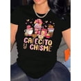 thumbnail image 1 of "1pc Women's Casual Round Neck Short Sleeve T-Shirt with ""Cafecito y Chisme"" Dessert Graphic Print, Polyester Blend, Geometric Pattern - Comfortable All-Season Top - For Women - Perfect for Casual, 1 of 6