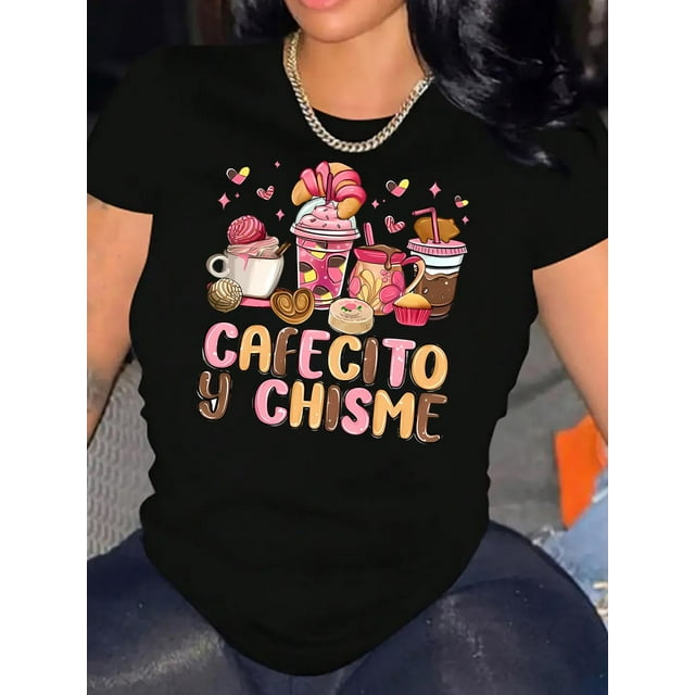 "1pc Women's Casual Round Neck Short Sleeve T-Shirt with ""Cafecito y Chisme"" Dessert Graphic Print, Polyester Blend, Geometric Pattern - Comfortable All-Season Top - For Women - Perfect for Casual