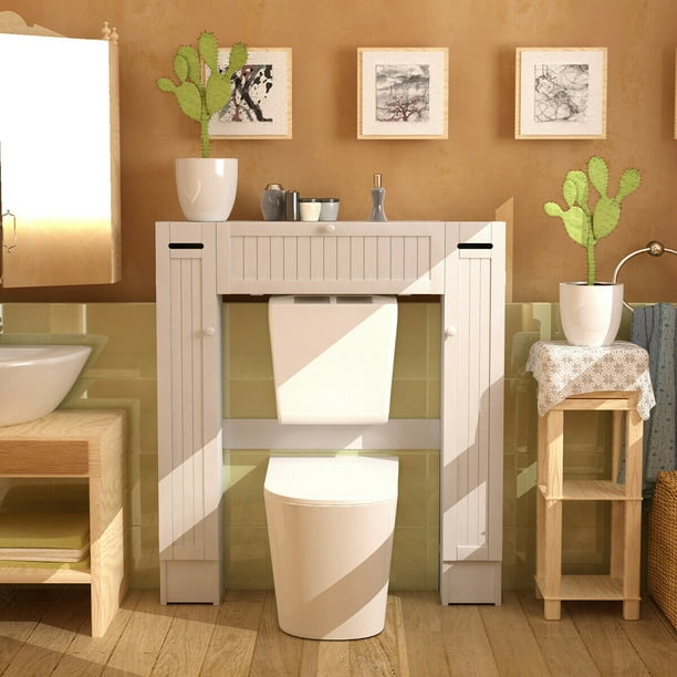 COSTWAY Meuble WC au-Dessus de Toilettes en Bois 4 Étagères avec Porte  Coulissante pour Salle