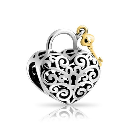 Plated Womens Charm - Lovers Filigree Lock Key Heart Charm Bead For Women Two Tone 14K Gold Plated 925 Sterling Silver Fits European Bracelet