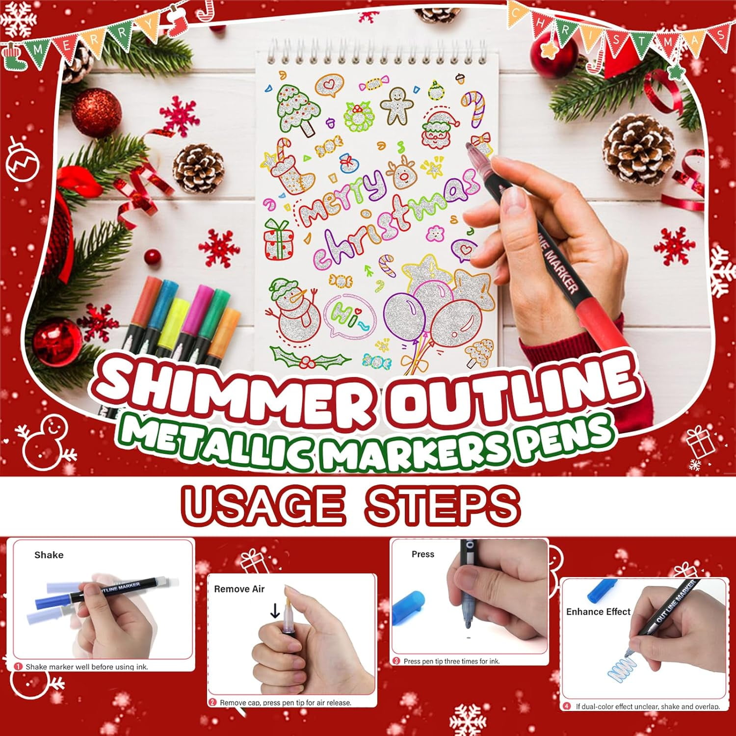 Dreamy Sparkle Dual-Line Contour Pen, 12 Colors Shimmer Metallic Marker Pens for Christmas Cards, Scrapbooking, DIY Art Crafts, Doodling on Ceramic Glass Wood and Metal Surfaces