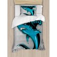 thumbnail image 3 of Shark Duvet Cover Set King Size, Angry Danger Fish Fins Aggressive Sea Creature Monster Life Illustration, Decorative 3 Piece Bedding Set with 2 Pillow Shams, Petrol Blue Black Grey, by Ambesonne, 3 of 3