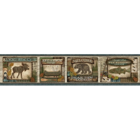 Brewster Bear - Brewster TLL01562B Tugalo Blue Bear Paw Lodge Border Wallpaper