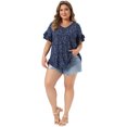 thumbnail image 3 of DARING DIVA Women's Plus Soft Tops V Neck Ruffle Sleeve Floral Casual Blouses 1X Dark Blue, 3 of 6