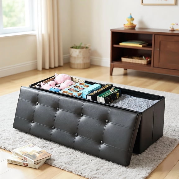 Topcobe 45" Large Folding Ottoman Storage Seat, Shoe Rack Bench for Entryway, Living Room, Black