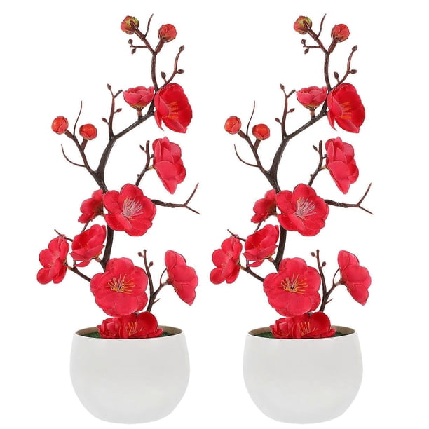 2 pcs Realistic Potted Plum Blossom Flower Artificial Potted Flower False Flower Bonsai