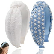 BEGOOD 2Pcs Embroidery Knotted Headbands for Women Wide White Headwear Fashion Hairbands for Girls