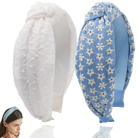 BEGOOD 2Pcs Embroidery Knotted Headbands for Women Wide White Headwear Fashion Hairbands for Girls