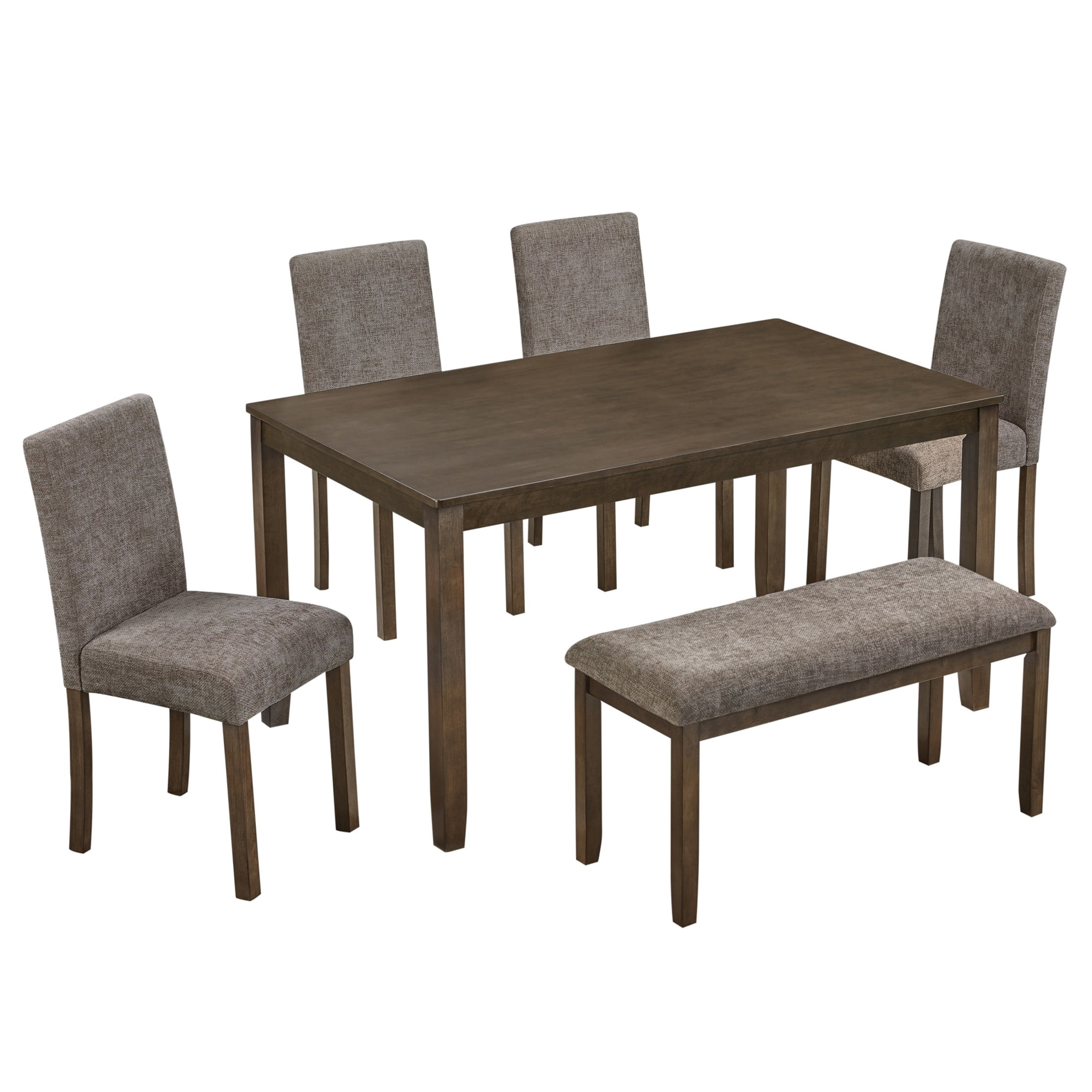 Noble House Amary 6-Piece Wooden Dining Table Set, Farmhouse Rustic Kitchen Table with Bench and 4 Chairs, Walnut