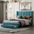 thumbnail image 1 of Bellemave Queen Size Blue Velvet Upholstered Wood Platform Bed with a Big Drawer and Soft Headboard, 1 of 8