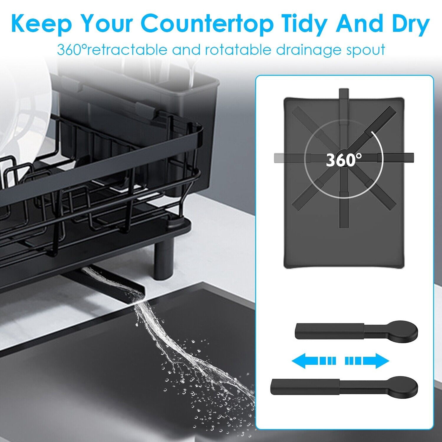 Dish Drying Rack with Utensil Holder and Knife Slots, Stainless Steel Dish Rack for Kitchen Counter, Black