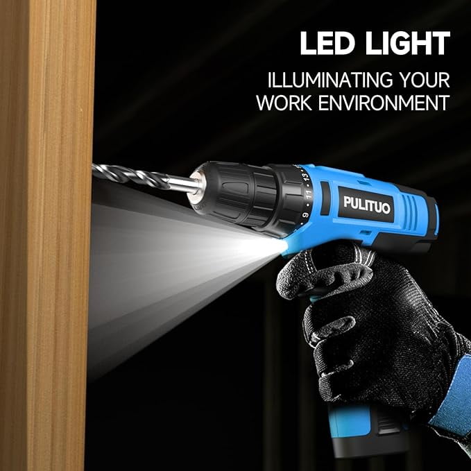 PULITUO 12V Cordless Power Drill Set with Battery and Charger, 3/8" Keyless Chuck, 21+1 Torque Settings, Built-in LED Light, Compact Electric Drill Kit for Home Improvement and DIY Projects(blue)