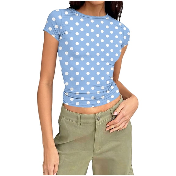 Fmbrln Womens Summer Tops Cute Polka Print Short Sleeve Cropped T-shirts Fashion Casual Slim Fit Stretchy Basic Blouse